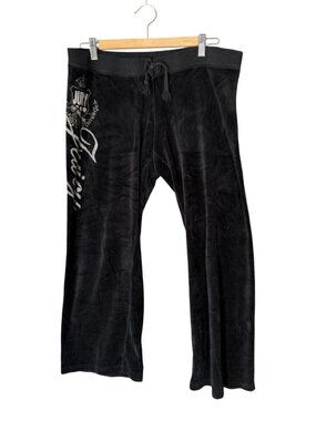 Juicy Couture Black Velour Sweatpants Thigh Logo Mid Rise Y2K L